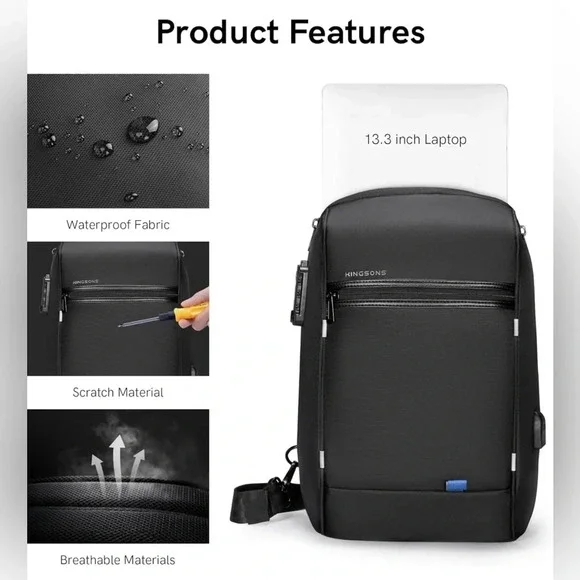 Kingsons Laptop Sling Backpack  13 Inch Waterproof Nylon Single Shoulder - Picture 3 of 12